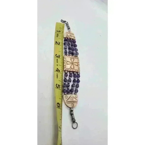 Amethyst & Sterling Silver Bead Bracelet With Resin Accents Multi Strand Vintage - Picture 7 of 10